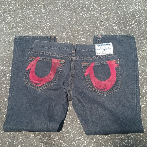 True Religion Straight Paint Charcoal Grey Black Red Jeans Men's Size 36